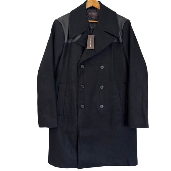 Michael Kors NWT Black Wool Blend Faux Leather Trench Coat Men’s L - Picture 1 of 9